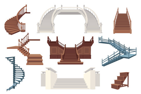 Front and side view of staircases flat vector illustrations set. Collection of vintage or modern wooden or metal stairways, ladders, spiral stairs isolated on white background. Home interior conceptのイラスト素材