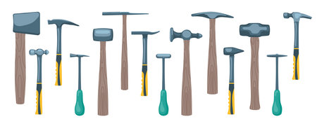 Different kinds of hammers flat vector illustrations set. Collection of iron hammers with wooden or rubber handles isolated on white background. Construction, home repair, carpentry conceptのイラスト素材
