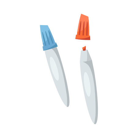 Blue and red markers or highlighters vector illustration. School supplies, cartoon drawing of permanent markers for highlighting isolated on white background. Back to school, education conceptのイラスト素材