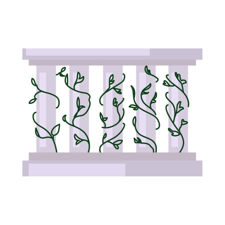 Marble balcony railing with vines or ivy vector illustration. Vintage handrail or fence with plants for stairs or terrace isolated on white background. Architecture, decoration conceptのイラスト素材
