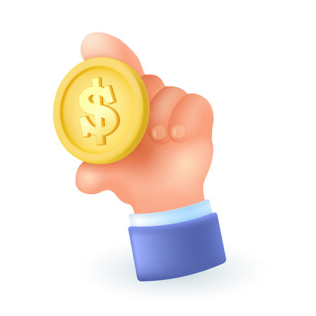 Hand of businessman holding gold coin 3D icon. Human hand with golden coin with dollar sign 3D vector illustration on white background. Finances, business, investment, payment conceptのイラスト素材
