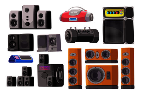 Subwoofer speakers for stereo system vector illustrations set. Collection of cartoon drawings of tape recorders, big speakers isolated on white background. Music, entertainment, multimedia conceptのイラスト素材