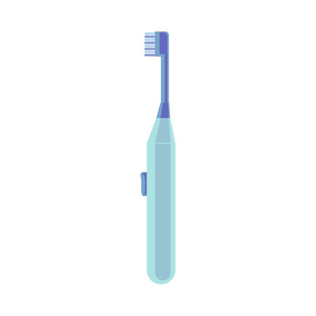 Blue electric cartoon toothbrush illustration. Kids and adults dental cleaning brush for whiter smile and dental health vector illustration. Mouth cavity hygiene conceptのイラスト素材
