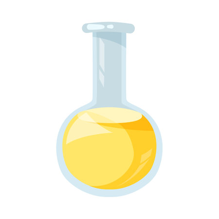 Cartoon round flask with yellow liquid. Using glass flasks for conducting chemical analysis or experiment and making potion. Lab equipment, laboratory, chemistry conceptのイラスト素材