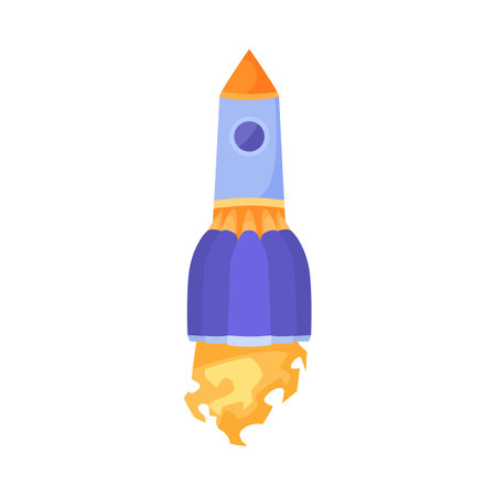 Purple and orange rocket firing flame cartoon illustration. Colorful missile taking off, space ship launch with jet steam isolated on white background. Flight, speed conceptのイラスト素材