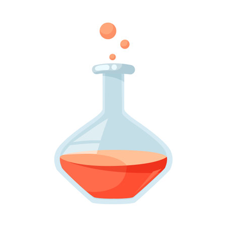 Cartoon flask with orange liquid and bubbles. Using glass flasks for conducting chemical analysis or experiment and making potion. Lab equipment, laboratory, chemistry conceptのイラスト素材