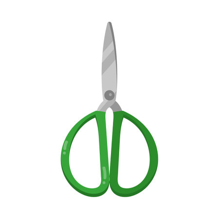 Scissors with green handle cartoon illustration. Steel equipment for trimming or hairdressers, closed shears, paper cutting tool for stationery, hair cutters on white background. Craft conceptのイラスト素材