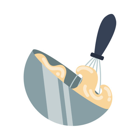 Whisk beating up eggs in bowl cartoon illustration. Salad making process isolated on white background. Restaurant, culinary, dinner conceptのイラスト素材