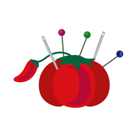 Tomato needle bed with colorful pins and needles vector illustration. Cartoon doodle of tool for needlework. Pins and needles isolated on white background. Fashion, embroidery conceptのイラスト素材