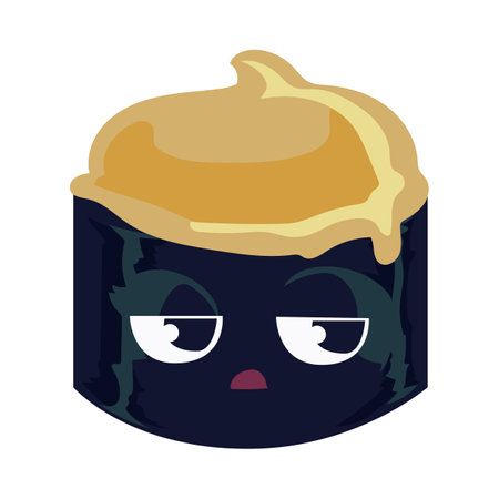 Baked maki roll. Bored or disappointed maki roll. Cartoon vector illustration isolated on white background. Japanese food concept.のイラスト素材