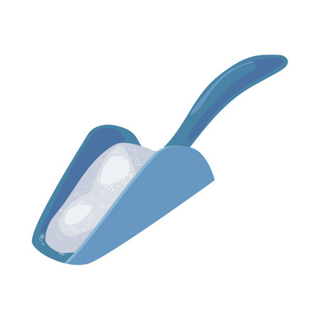Scoop with granulated sugar. Heap of white sugar in scoop. Vector illustration isolated in white background. Sweet food, sucrose concept.のイラスト素材