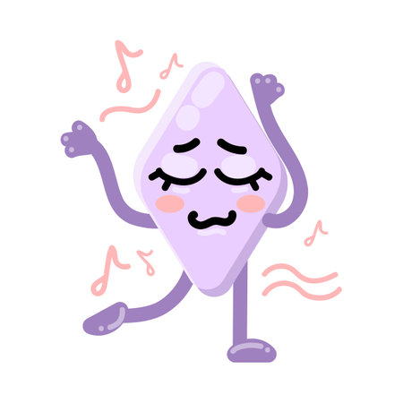 Abstract cute rhombus geometric character dancing. Vector illustration of calm face with closed eyes. Cartoon rhombus isolated on white. Education, emoji conceptのイラスト素材