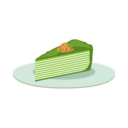 Piece of cake with matcha. Flavored cake on plate. Vector illustration isolated on white background. Food, culture concept.のイラスト素材