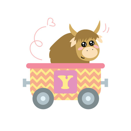 Alphabet train carriage with yak and letter y. Vector illustration of abc for preschool children learning English letters. Cartoon funny yak sitting in vehicle isolated on white. Education, gameのイラスト素材