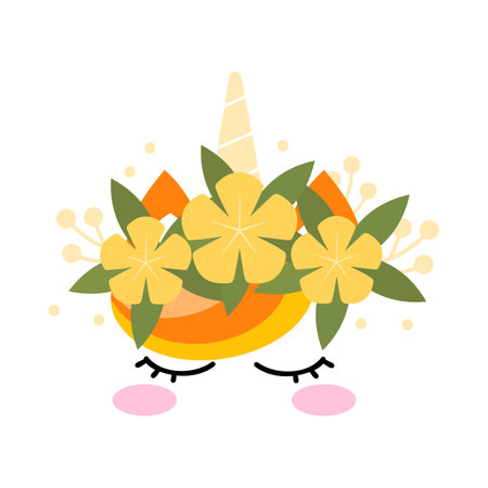 Unicorn face with orange hair and flowers cartoon illustration. Cute magic animal head with yellow horn and green leaves or birthday decoration for cake on white background. Fantasy, dream conceptのイラスト素材