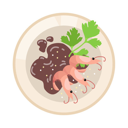 Shrimps on plate with parsley cartoon illustration. Salad making process isolated on white background. Restaurant, culinary, dinner conceptのイラスト素材