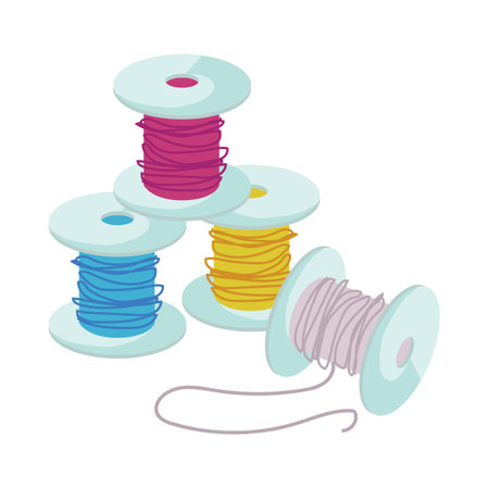 Spools and colorful threads vector illustration. Cartoon doodle of tool for needlework. Spools with...