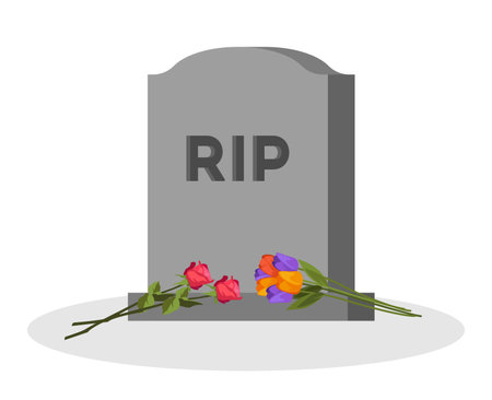 Tombstone on grave with flowers. Vector illustrations of stone graveyard with rest in peace. Cartoon granite or concrete headstone monument in cemetery isolated on white. Burial, RIP, death conceptのイラスト素材