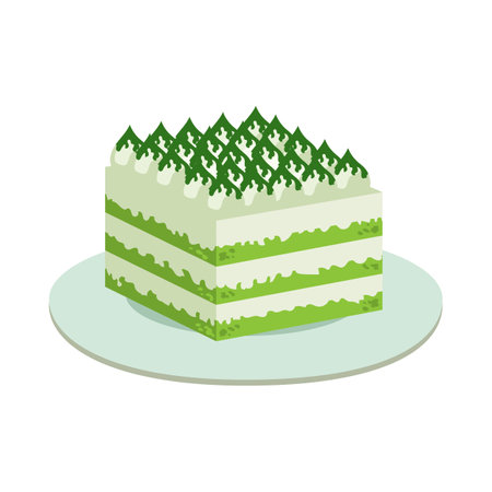 Matcha cake. Big matcha cake on plate. Vector illustration isolated on white background. Food, culture concept.のイラスト素材
