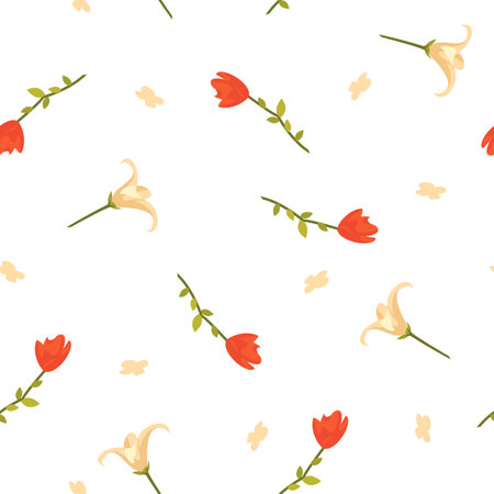 Summer flowers set in seamless pattern. Vector illustrations of repeat floral motif. Cartoon little red poppy and lily blossom, cute plant with leaf on stem isolated on white. Design, nature conceptのイラスト素材