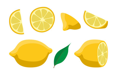 Lemon set. Vector illustrations of sour yellow citrus fruit. Cartoon whole lemon with peel, cut in half, into slices and pieces isolated on white. Lemonade, juice, vegetarian fresh food conceptのイラスト素材