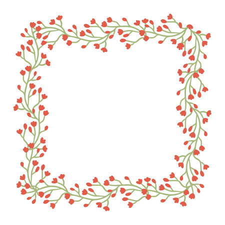 Square frame with summer flowers. Vector illustration of floral border. Cartoon cute pattern of branches with red blossom and green leaves isolated on white. Invitation, romantic ornament conceptのイラスト素材