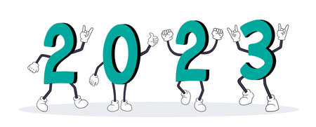 Set of cute 2023 numbers. Vector illustrations of decor for coming year. Cartoon funny greeting green characters with gestures of legs and arms isolated on white. Happy New Year, typography conceptのイラスト素材