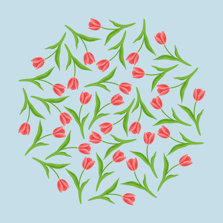 Tulip set in pattern with circle shape. Vector illustrations of floral round ornament. Cartoon spring red flowers on stem with green leaf isolated on blue. Fashion, nature, invitation card conceptのイラスト素材