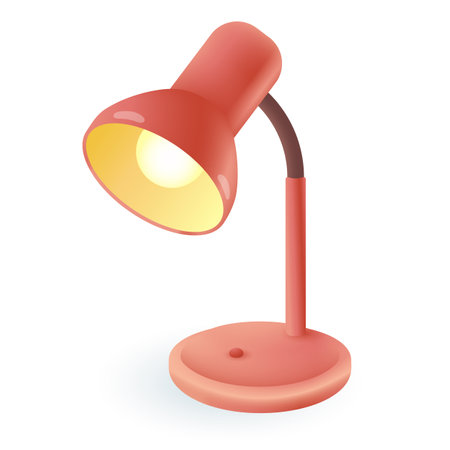 Electric light of red table lamp 3D icon. Desk lamp with stand and bulb in lampshade for office work, study at home 3D vector illustration on white background. Electricity, desktop equipment conceptのイラスト素材