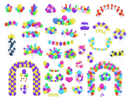 Balloons as decoration for party vector illustrations set. Inflatable spheres, balloon arches, garlands for wedding, festival or carnival isolated on white background. Decoration, celebration conceptのイラスト素材