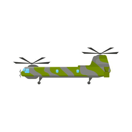 Military transport helicopter cartoon illustration. Colorful green and gray camouflage vehicle on white background. Aviation, air transportation, flight conceptのイラスト素材