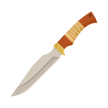 Steel combat knife with brown handle with tape cartoon illustration. Warrior blade, hunting or military knife on white background. Weapon, protection conceptのイラスト素材