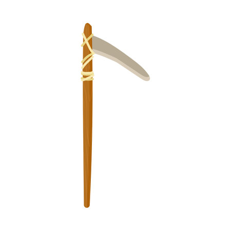 Ancient hoe from wood and stone vector illustration. Primitive equipment from stone and wood of prehistoric people or barbarians for hunting isolated on white background. History, Stone age conceptのイラスト素材