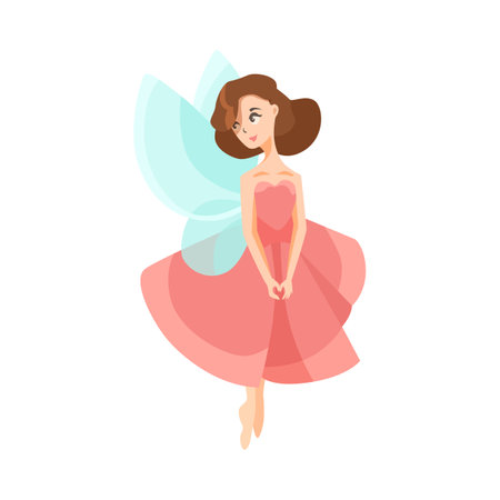 Cute fairy cartoon character in pink dress vector illustration. Magical or mythical forest creature or elf with wings isolated on white background. Fantasy, fairytale conceptのイラスト素材