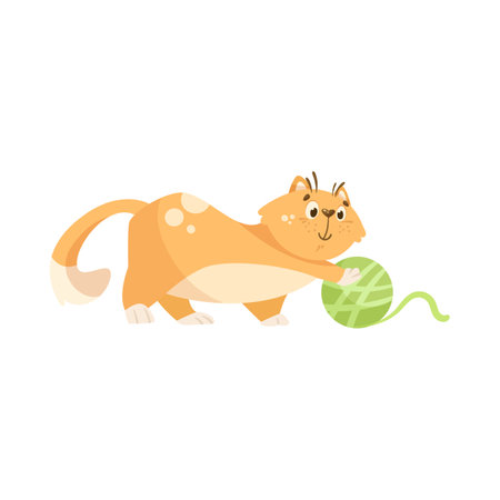 Comic cat playing with ball of green yarn cartoon illustration. Adorable baby kitten character having fun with wool. Domestic animal, pet conceptのイラスト素材