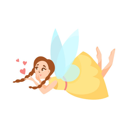 Cute fairy character in yellow dress flying vector illustration. Magical or mythical forest creature or elf with wings sending hearts isolated on white background. Fantasy, fairytale conceptのイラスト素材