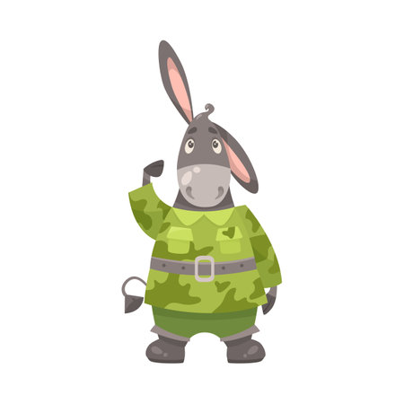 Cute donkey cartoon character in camouflage cartoon illustration. Serious animal soldier in military uniform saluting officer. Army, zoo, warrior conceptのイラスト素材