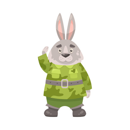 Cute rabbit character in camouflage cartoon illustration. Serious animal soldier in military uniform saluting officer. Army, zoo, warrior conceptのイラスト素材