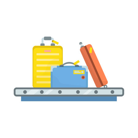 Airport conveyor belt with colorful luggage cartoon illustration. Conveyor line with passenger baggage. Arrival, airline, transportation conceptのイラスト素材