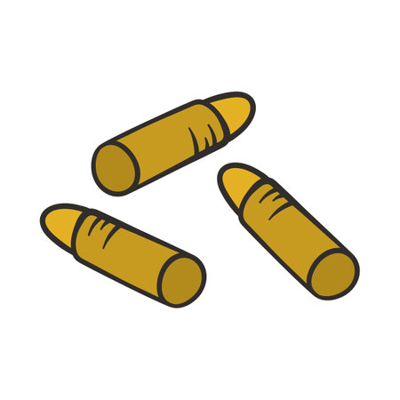 Military gold bullets doodle cartoon illustration. Three full metal jacket bullets. Army, weapon conceptのイラスト素材