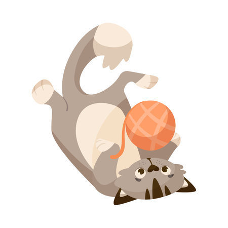 Comic cat playing with ball of orange yarn cartoon illustration. Adorable baby kitten character lying and having fun with wool. Domestic animal, pet conceptのイラスト素材
