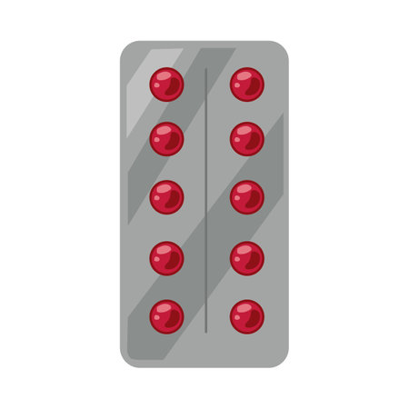 Red pills in blister pack cartoon illustration. Pills and medication against disease. Doctors prescription for cure. Pharmacy, health conceptのイラスト素材