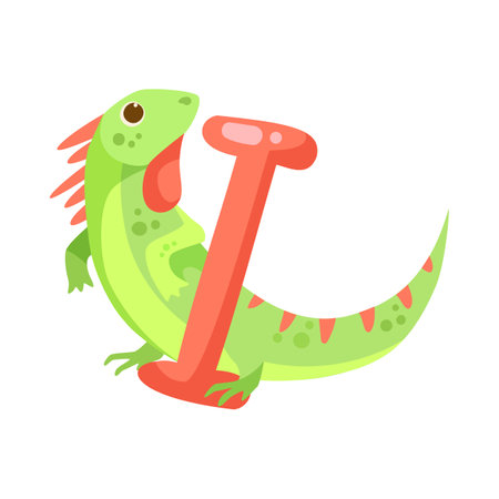 Iguana character with alphabet letter i vector illustration. Cute comic animal with ABC for preschool children book isolated on white background. Education conceptのイラスト素材