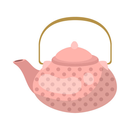 Cute pink ceramic teapot cartoon illustration. Small kettle with dotted ornament for boiling water. Household, kitchen utensils, decoration, teatime conceptのイラスト素材