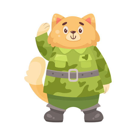 Cute cat cartoon character in camouflage cartoon illustration. Serious animal soldier in military uniform saluting officer. Army, zoo, warrior conceptのイラスト素材