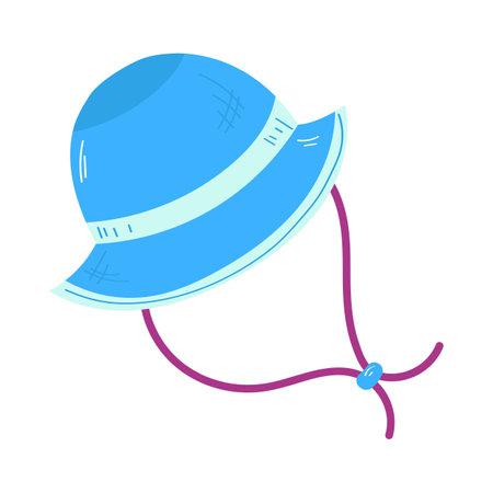 Blue sun hat with strings against sunburn vector illustration. Sun safety and cartoon drawing of summer hat on white background. Summer, vacation, health, protection conceptのイラスト素材