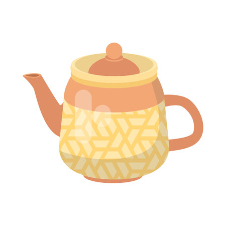 Colorful ceramic teapot cartoon illustration. Cute orange kettle with ornament for boiling water. Household, kitchen utensils, decoration, teatime conceptのイラスト素材