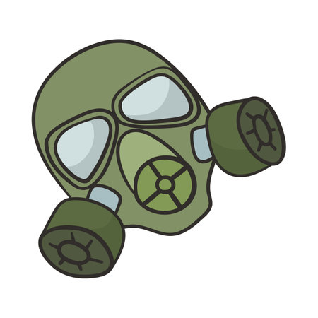 Green gas mask doodle cartoon illustration. Gas mask for respiratory protection. Army, weapon conceptのイラスト素材