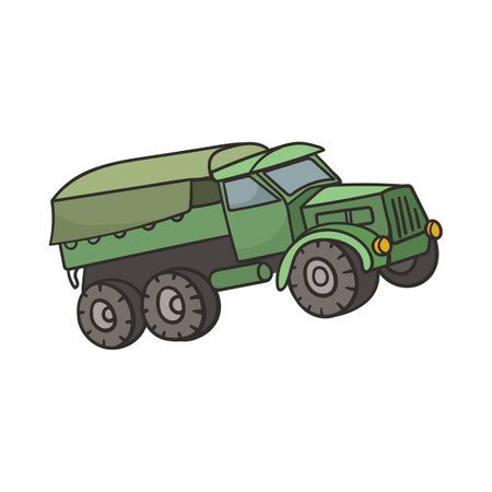 Green military truck doodle cartoon illustration. Truck, war engine or military vehicle. Army, weapon conceptのイラスト素材