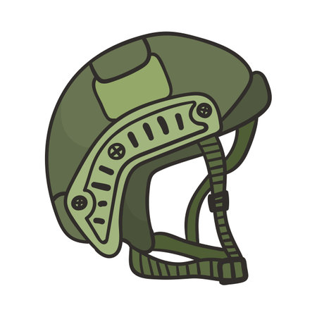 Green military helmet doodle cartoon illustration. Combat helmet or armor. Army, weapon conceptのイラスト素材